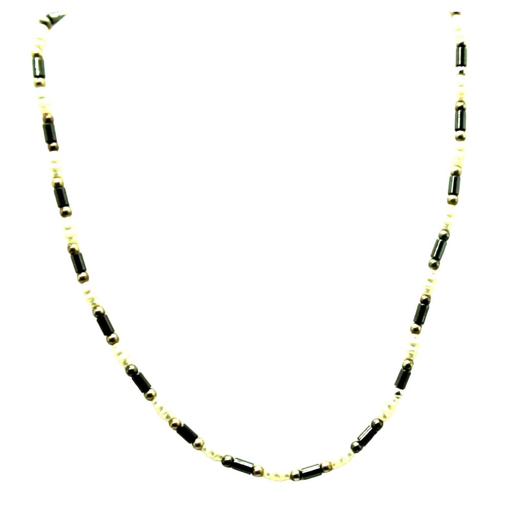 Hematite and Faux Seed Pearl Necklace Black White Silvertone 17" Long